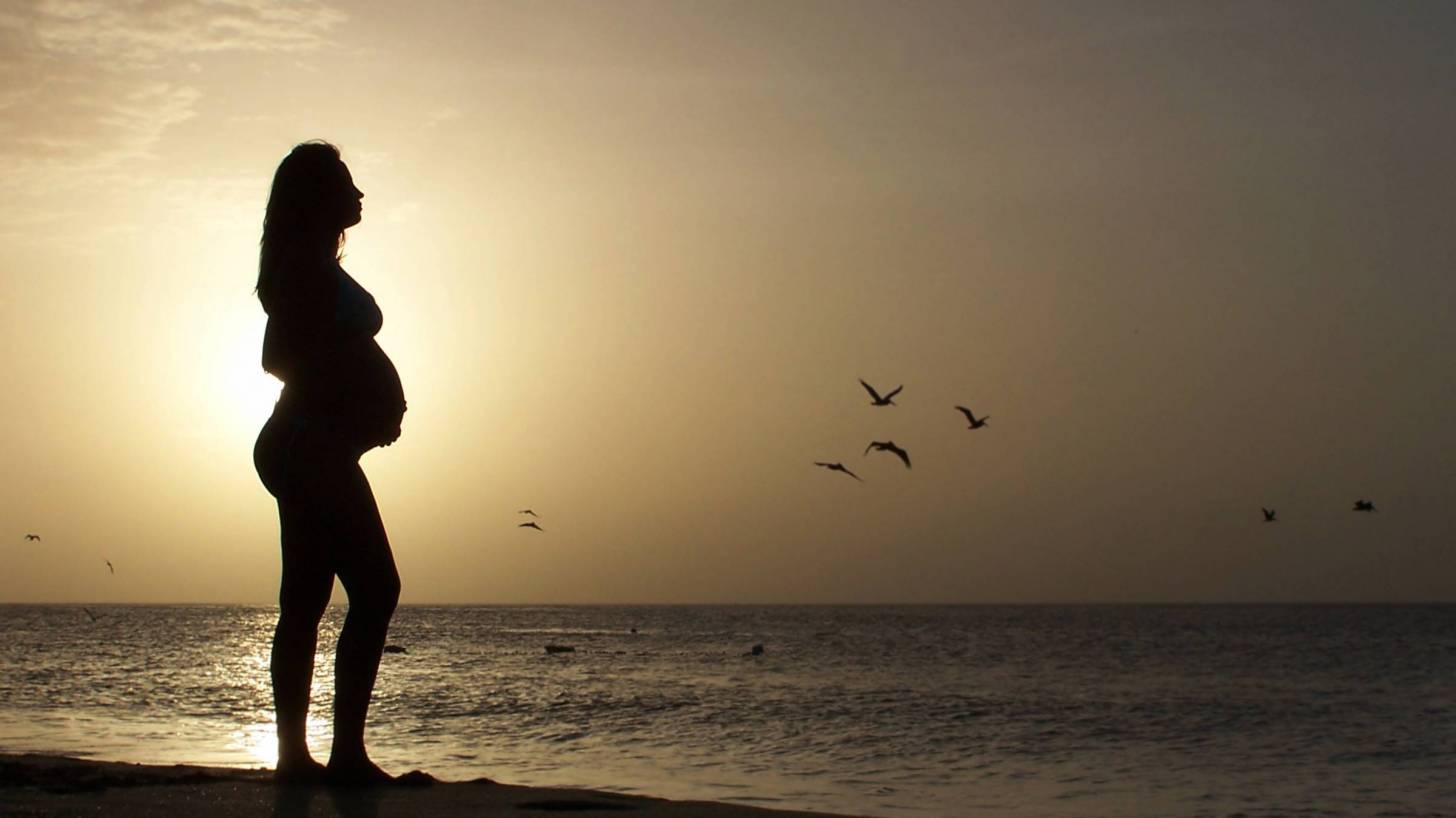beautiful pregnant woman on a beach at sun down